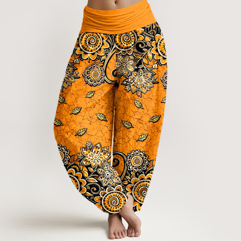 Buddha Stones Pantalon harem pour femme en pur coton orange vif à motif cachemire et mandala, taille élastique - Orange - US16，UK/AU20，EU48 (3XL) - image 0