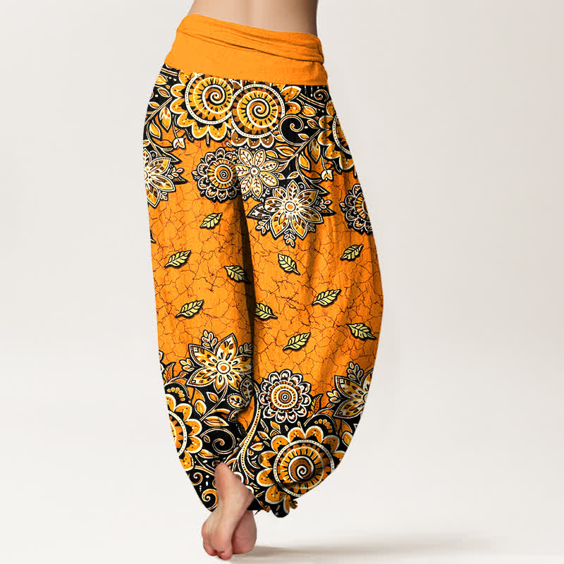Buddha Stones Pantalon harem pour femme en pur coton orange vif à motif cachemire et mandala, taille élastique - image 1