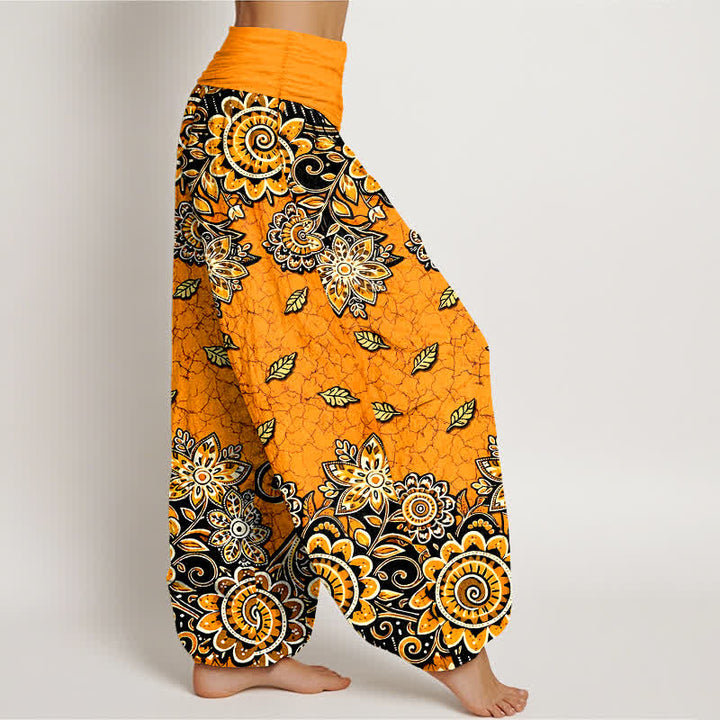 Buddha Stones Pantalon harem pour femme en pur coton orange vif à motif cachemire et mandala, taille élastique - image 2