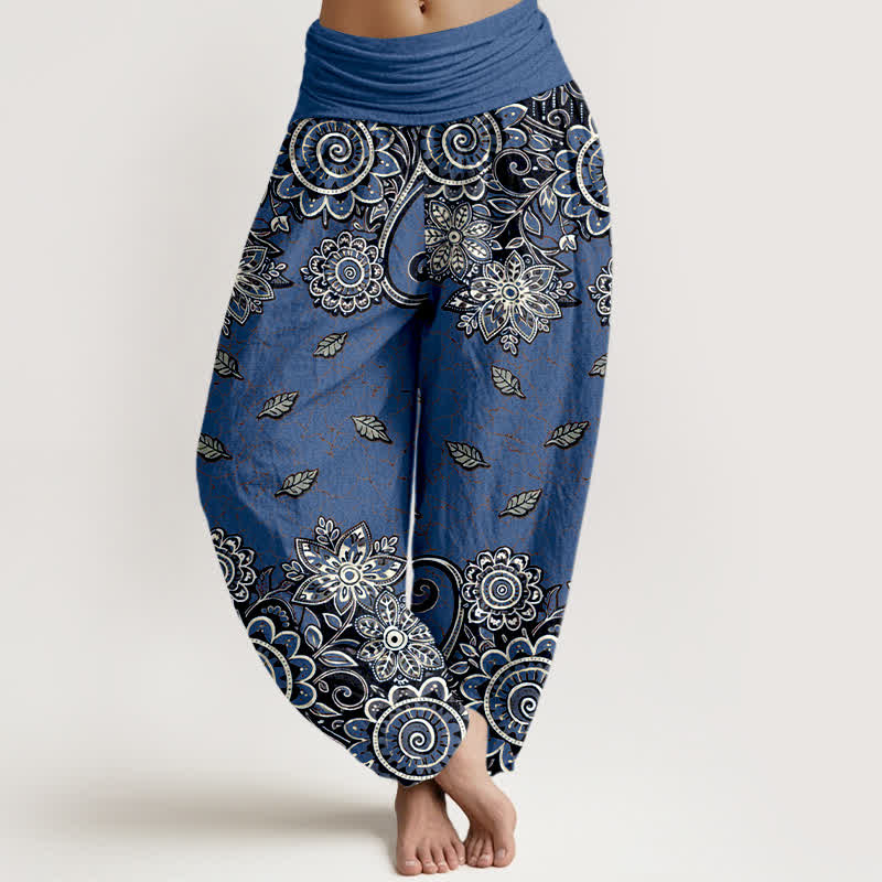 Buddha Stones Pantalon harem pour femme en pur coton orange vif à motif cachemire et mandala, taille élastique - Bleu royal - US16，UK/AU20，EU48 (3XL) - image 5