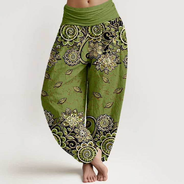 Buddha Stones Pantalon harem pour femme en pur coton orange vif à motif cachemire et mandala, taille élastique - Vert olive - US16，UK/AU20，EU48 (3XL) - image 8