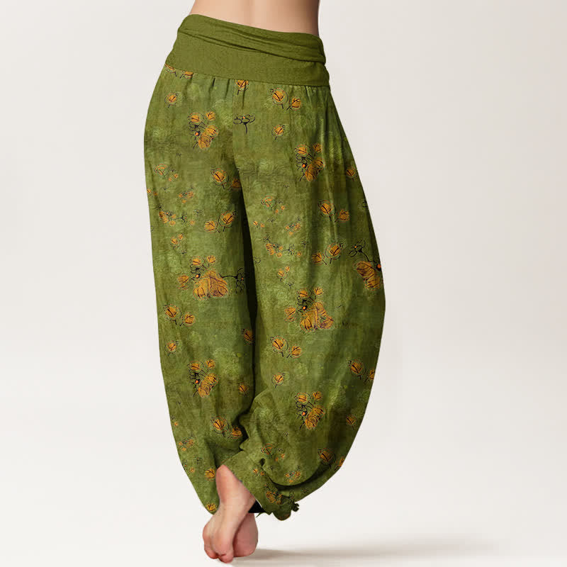 Buddha Stones Pantalon harem pour femme en pur coton à motif floral de soucis, taille élastique - image 1