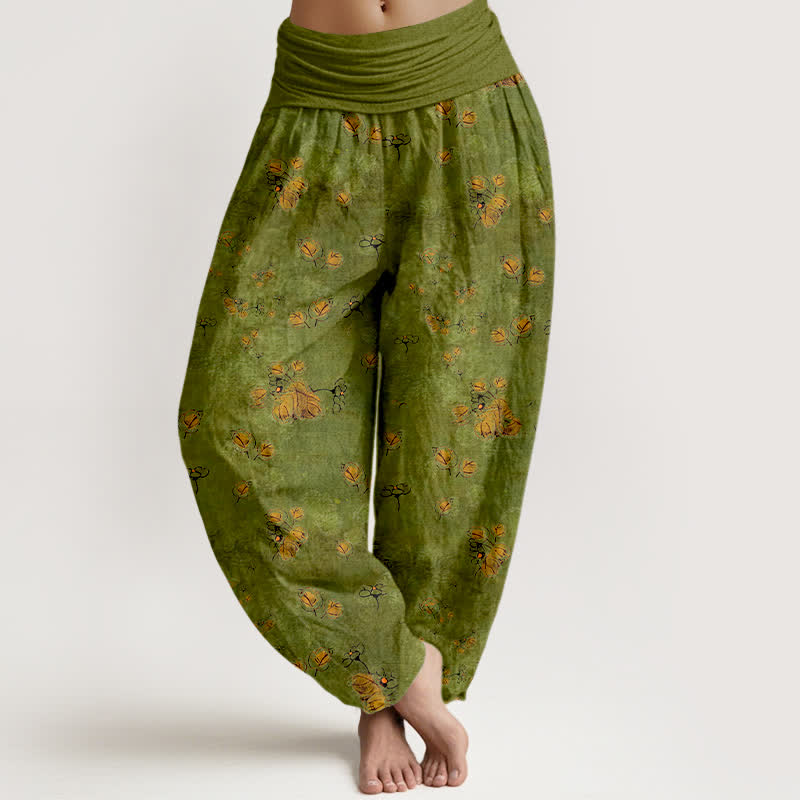 Buddha Stones Pantalon harem pour femme en pur coton à motif floral de soucis, taille élastique - Vert olive - US16，UK/AU20，EU48 (3XL) - image 0