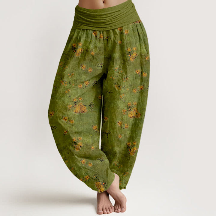 Buddha Stones Pantalon harem pour femme en pur coton à motif floral de soucis, taille élastique - Vert olive - US16，UK/AU20，EU48 (3XL) - image 0
