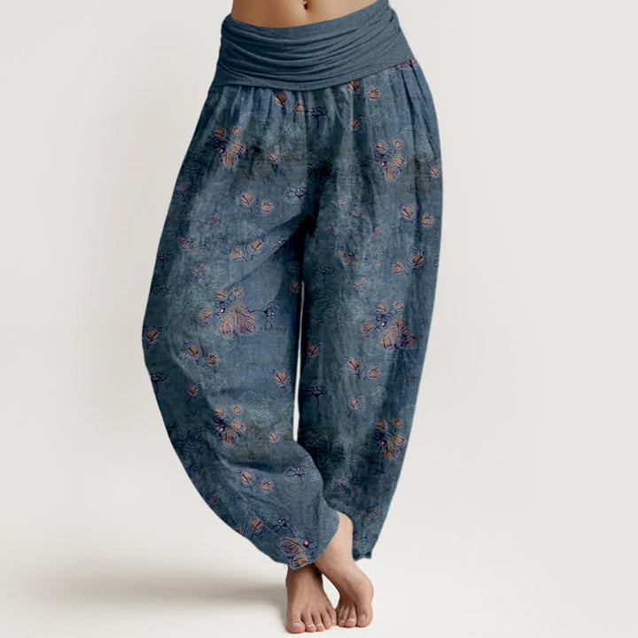 Buddha Stones Pantalon harem pour femme en pur coton à motif floral de soucis, taille élastique - SteelBlue - US16，UK/AU20，EU48 (3XL) - image 8