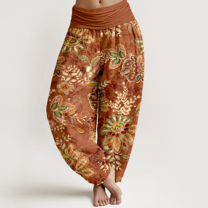 Buddha Stones Pantalon harem pour femme en pur coton à motif floral bohème et taille élastique - Terre de sienne - US16，UK/AU20，EU48 (3XL) - image 0