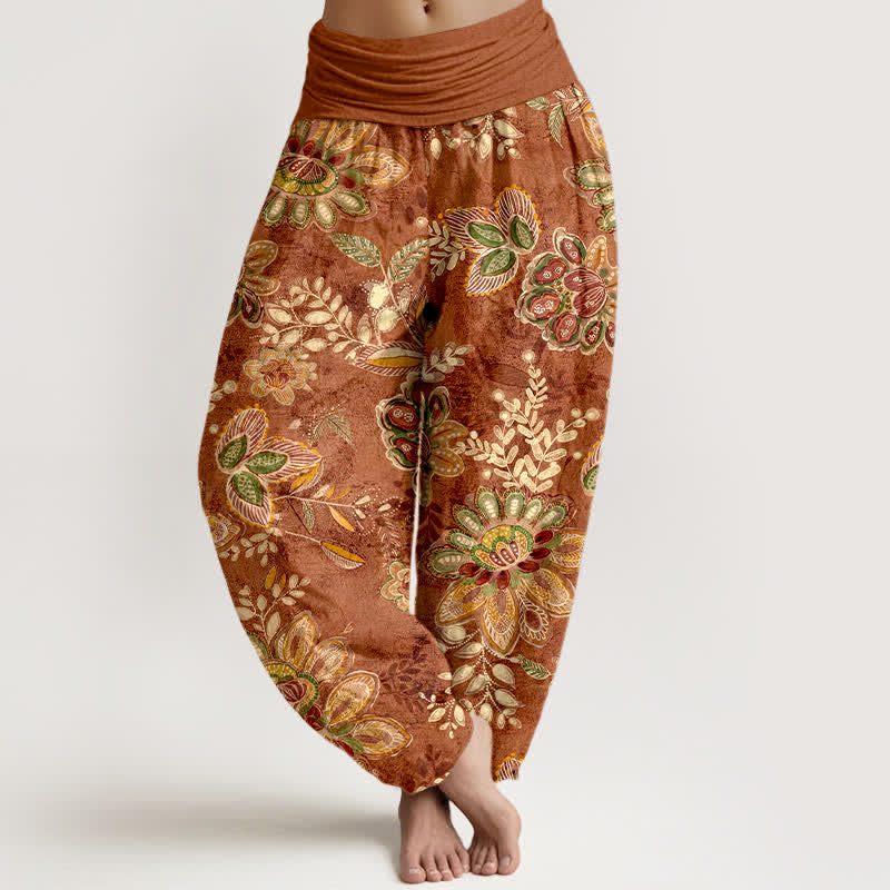 Buddha Stones Pantalon harem pour femme en pur coton à motif floral bohème et taille élastique - Terre de sienne - US16，UK/AU20，EU48 (3XL) - image 0