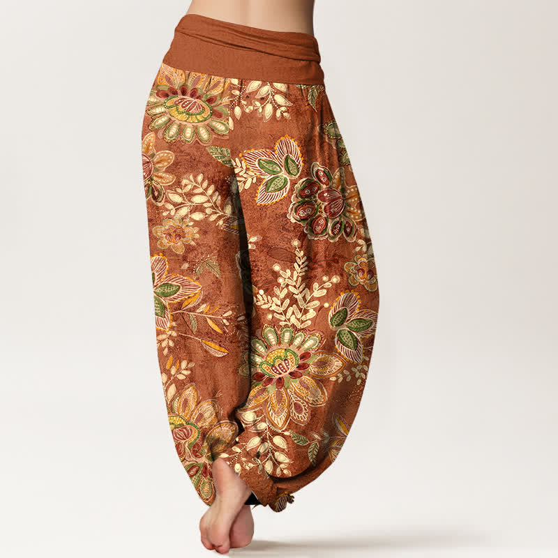 Buddha Stones Pantalon harem pour femme en pur coton à motif floral bohème et taille élastique - image 1