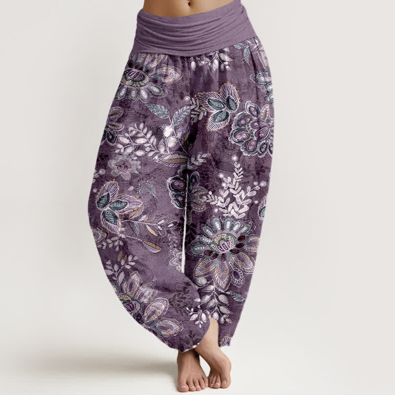 Buddha Stones Pantalon harem pour femme en pur coton à motif floral bohème et taille élastique - Violet - US16，UK/AU20，EU48 (3XL) - image 5