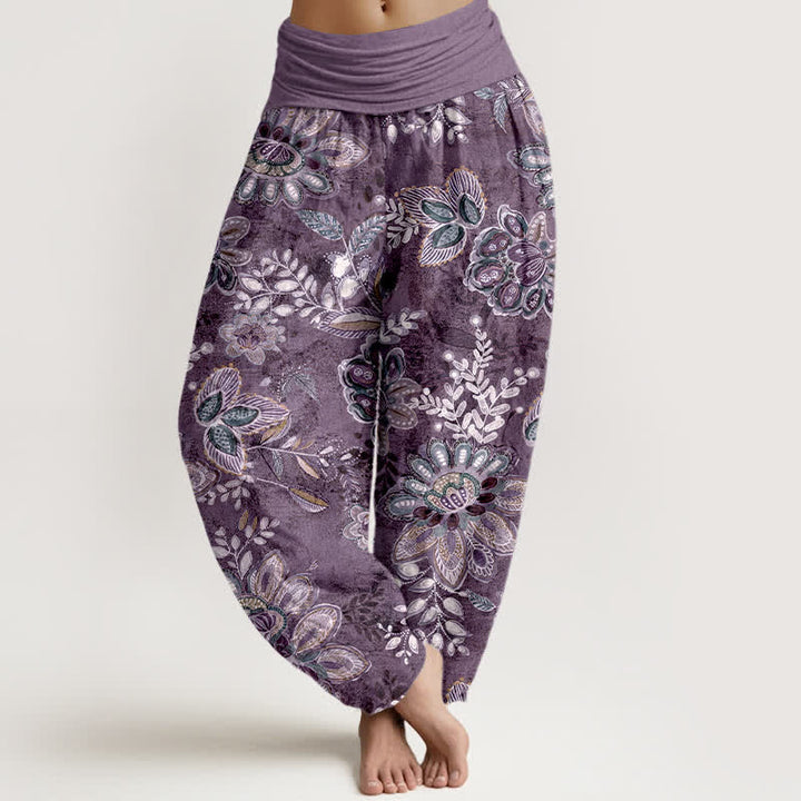 Buddha Stones Pantalon harem pour femme en pur coton à motif floral bohème et taille élastique - Violet - US16，UK/AU20，EU48 (3XL) - image 5