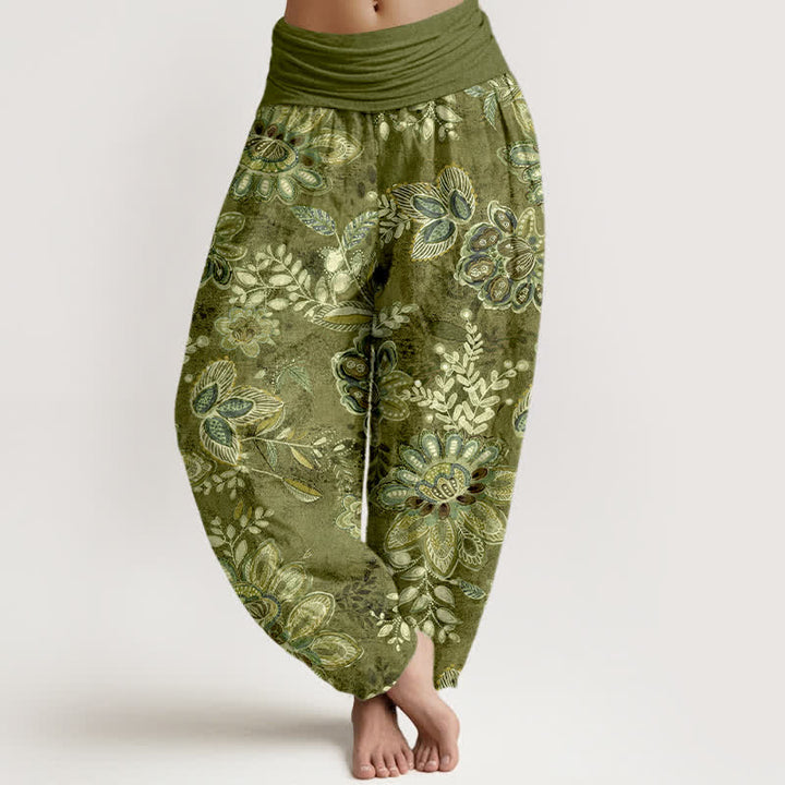 Buddha Stones Pantalon harem pour femme en pur coton à motif floral bohème et taille élastique - Vert olive - US16，UK/AU20，EU48 (3XL) - image 8