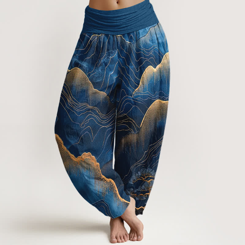 Buddha Stones Pantalon harem pour femme en pur coton, motif Midnight Mountain Gold Line, taille élastique - Marine - US16，UK/AU20，EU48 (3XL) - image 0
