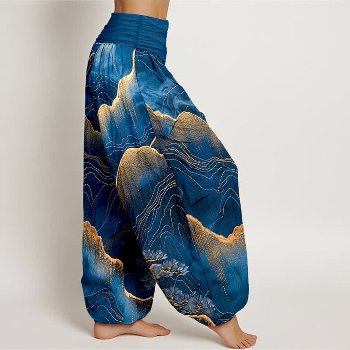 Buddha Stones Pantalon harem pour femme en pur coton, motif Midnight Mountain Gold Line, taille élastique - image 2