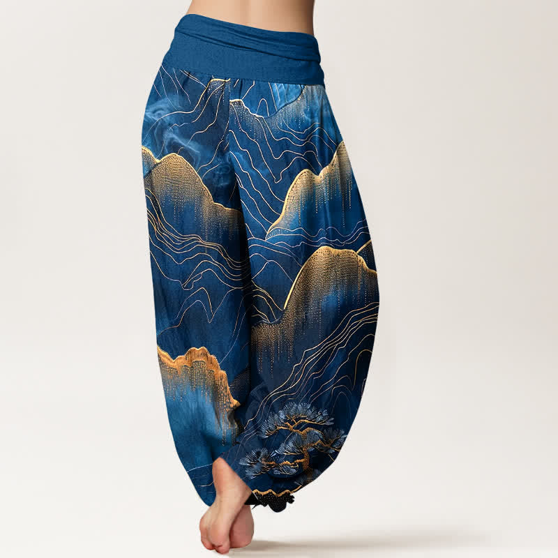 Buddha Stones Pantalon harem pour femme en pur coton, motif Midnight Mountain Gold Line, taille élastique - image 1