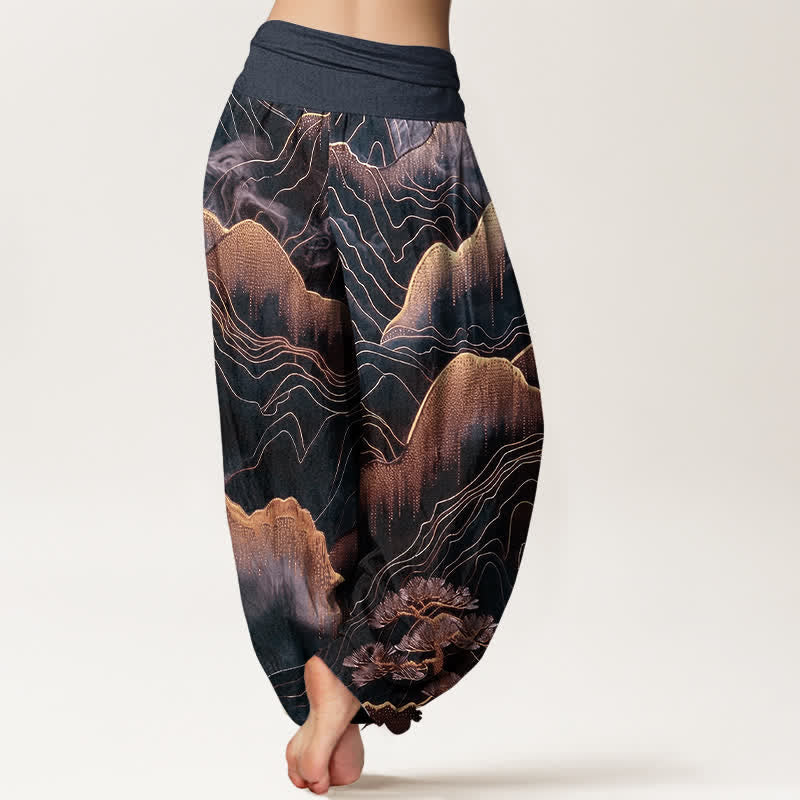Buddha Stones Pantalon harem pour femme en pur coton, motif Midnight Mountain Gold Line, taille élastique - image 6