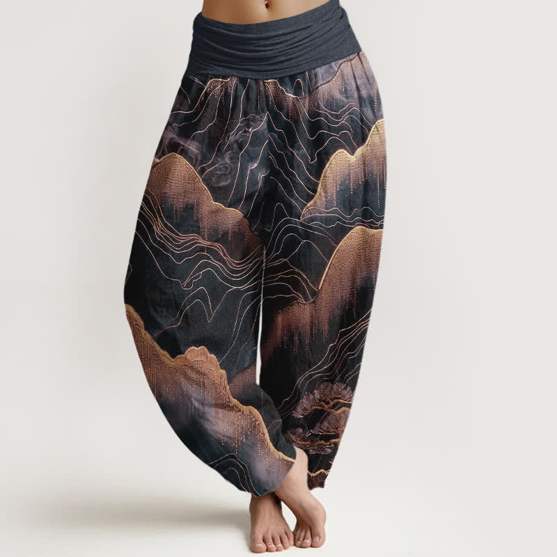 Buddha Stones Pantalon harem pour femme en pur coton, motif Midnight Mountain Gold Line, taille élastique - Noir - US16，UK/AU20，EU48 (3XL) - image 5