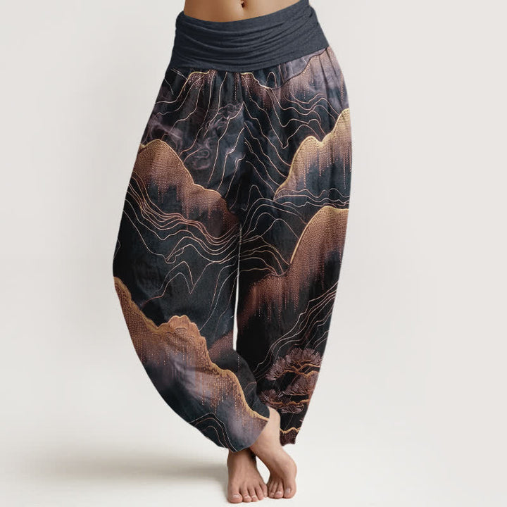 Buddha Stones Pantalon harem pour femme en pur coton, motif Midnight Mountain Gold Line, taille élastique - Noir - US16，UK/AU20，EU48 (3XL) - image 5