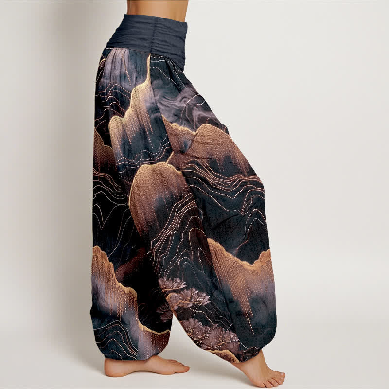 Buddha Stones Pantalon harem pour femme en pur coton, motif Midnight Mountain Gold Line, taille élastique - image 7