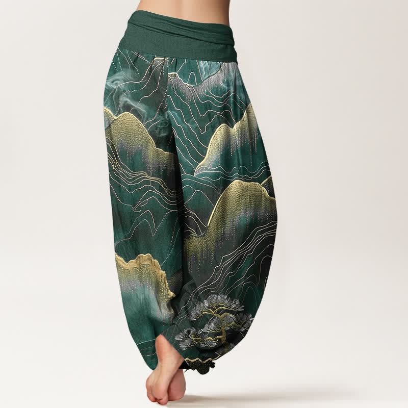 Buddha Stones Pantalon harem pour femme en pur coton, motif Midnight Mountain Gold Line, taille élastique - image 9