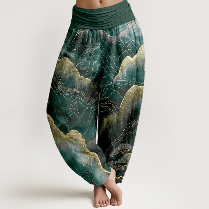 Buddha Stones Pantalon harem pour femme en pur coton, motif Midnight Mountain Gold Line, taille élastique - Sarcelle - US16，UK/AU20，EU48 (3XL) - image 8