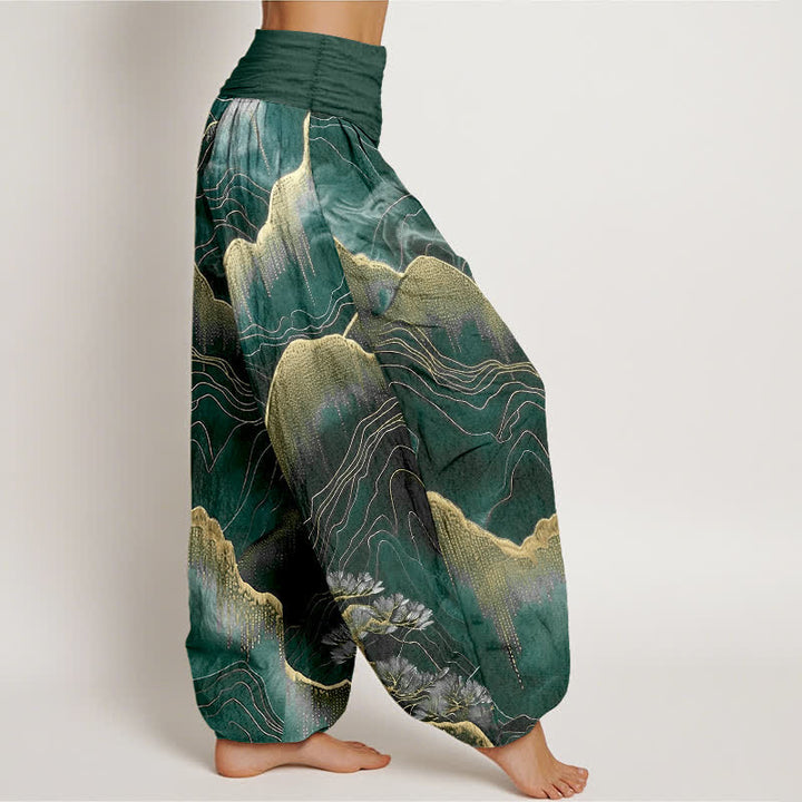 Buddha Stones Pantalon harem pour femme en pur coton, motif Midnight Mountain Gold Line, taille élastique - image 10