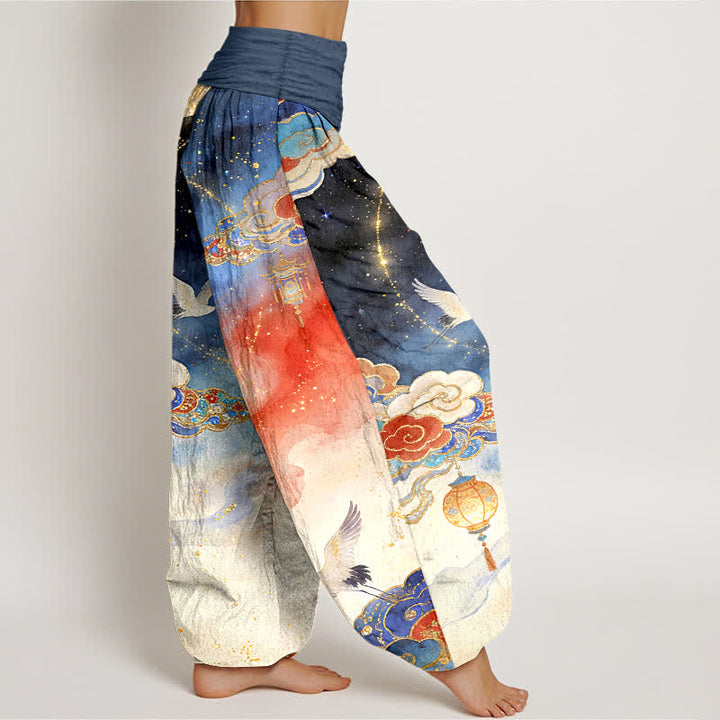 Buddha Stones Pantalon harem femme en pur coton, motif grue, nuage, lanterne et ciel nocturne, taille élastique - image 2