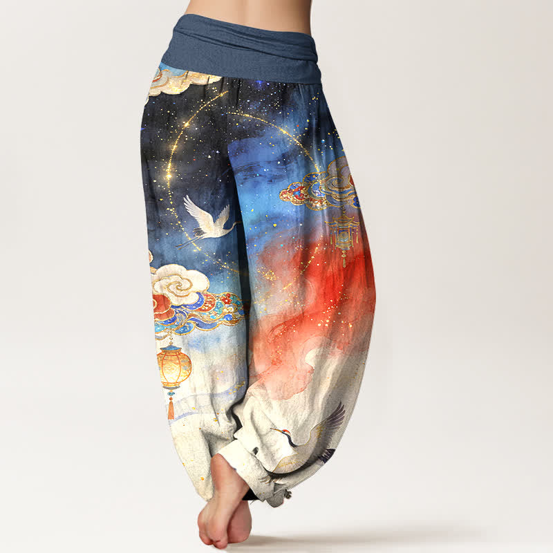 Buddha Stones Pantalon harem femme en pur coton, motif grue, nuage, lanterne et ciel nocturne, taille élastique - image 1