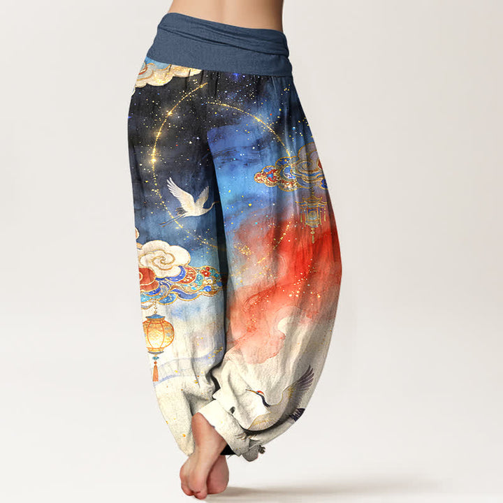 Buddha Stones Pantalon harem femme en pur coton, motif grue, nuage, lanterne et ciel nocturne, taille élastique - image 1