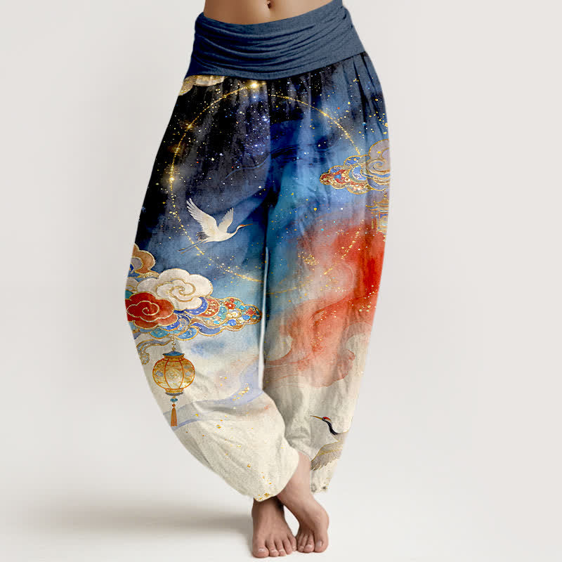 Buddha Stones Pantalon harem femme en pur coton, motif grue, nuage, lanterne et ciel nocturne, taille élastique - Marine - US16，UK/AU20，EU48 (3XL) - image 0