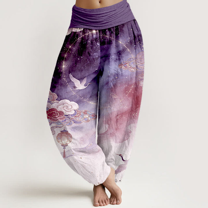 Buddha Stones Pantalon harem femme en pur coton, motif grue, nuage, lanterne et ciel nocturne, taille élastique - Violet - US16，UK/AU20，EU48 (3XL) - image 5