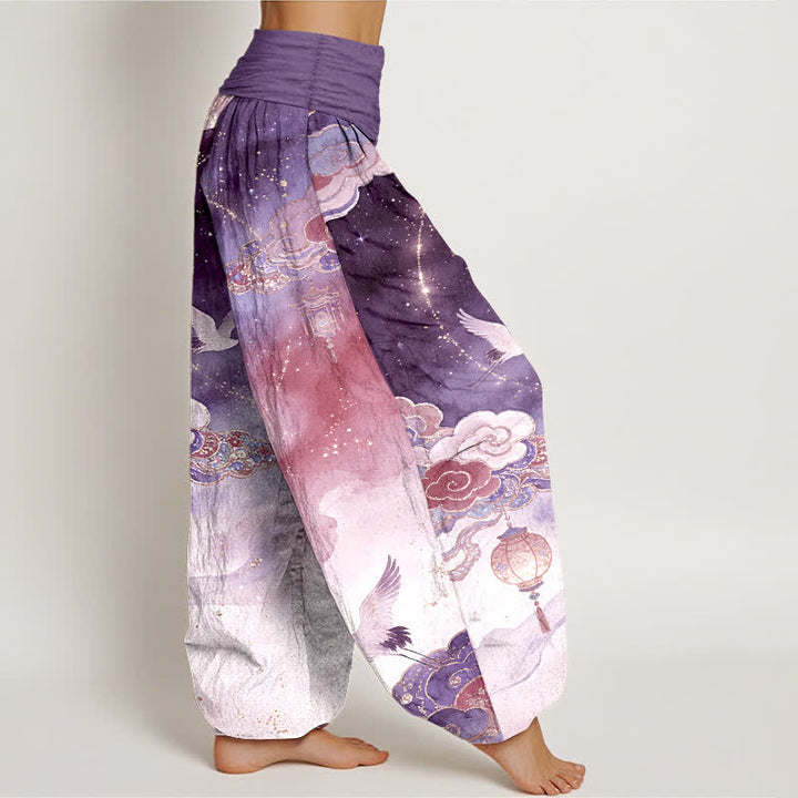 Buddha Stones Pantalon harem femme en pur coton, motif grue, nuage, lanterne et ciel nocturne, taille élastique - image 7