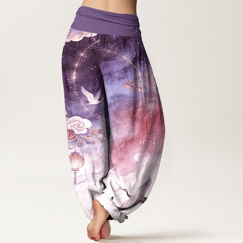 Buddha Stones Pantalon harem femme en pur coton, motif grue, nuage, lanterne et ciel nocturne, taille élastique - image 6
