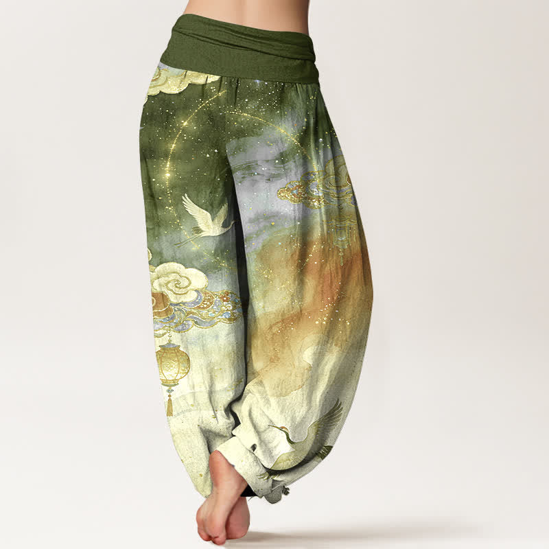 Buddha Stones Pantalon harem femme en pur coton, motif grue, nuage, lanterne et ciel nocturne, taille élastique - image 9