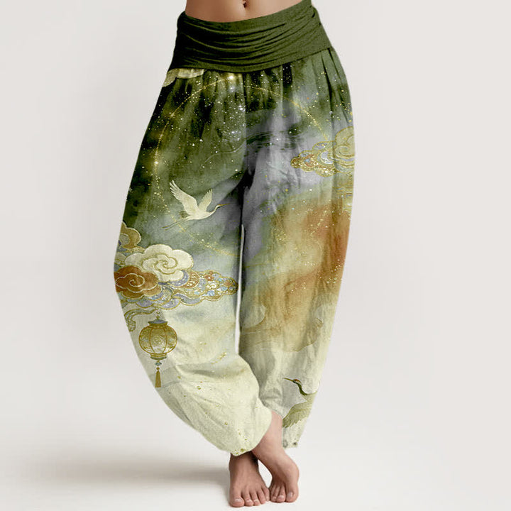 Buddha Stones Pantalon harem femme en pur coton, motif grue, nuage, lanterne et ciel nocturne, taille élastique - Olive - US16，UK/AU20，EU48 (3XL) - image 8