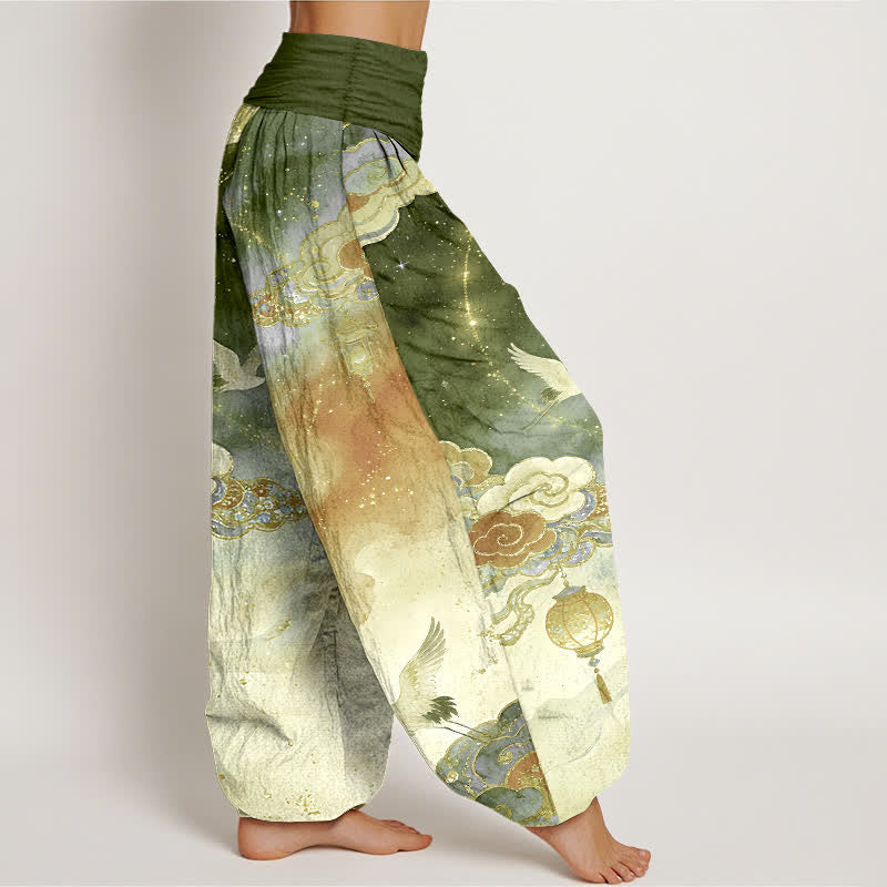 Buddha Stones Pantalon harem femme en pur coton, motif grue, nuage, lanterne et ciel nocturne, taille élastique - image 10