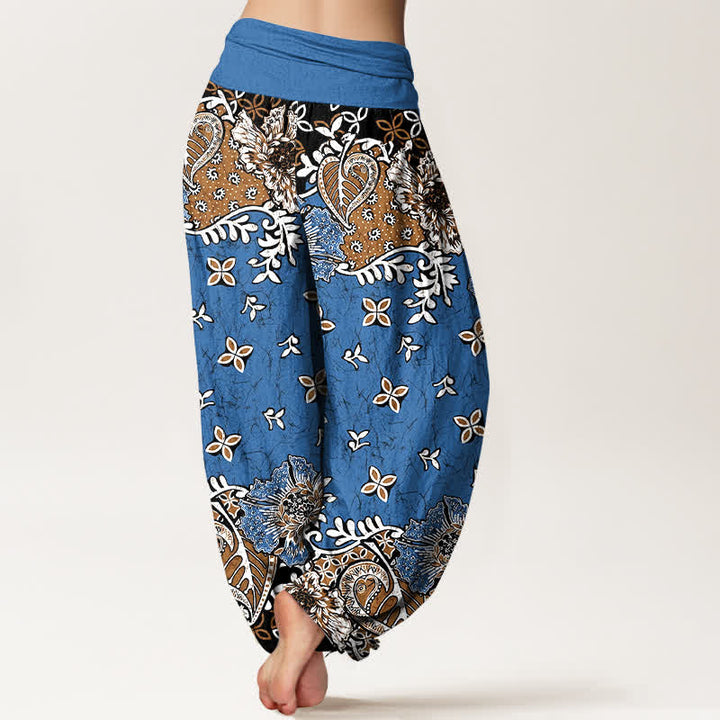 Buddha Stones Pantalon harem pour femme en pur coton, motif cachemire floral bohème, taille élastique - image 1