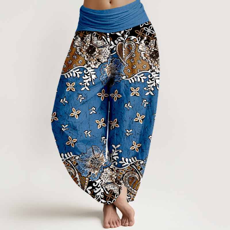 Buddha Stones Pantalon harem pour femme en pur coton, motif cachemire floral bohème, taille élastique - Bleuet - US16，UK/AU20，EU48 (3XL) - image 0