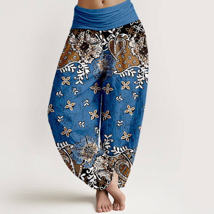 Buddha Stones Pantalon harem pour femme en pur coton, motif cachemire floral bohème, taille élastique - Bleuet - US16，UK/AU20，EU48 (3XL) - image 0