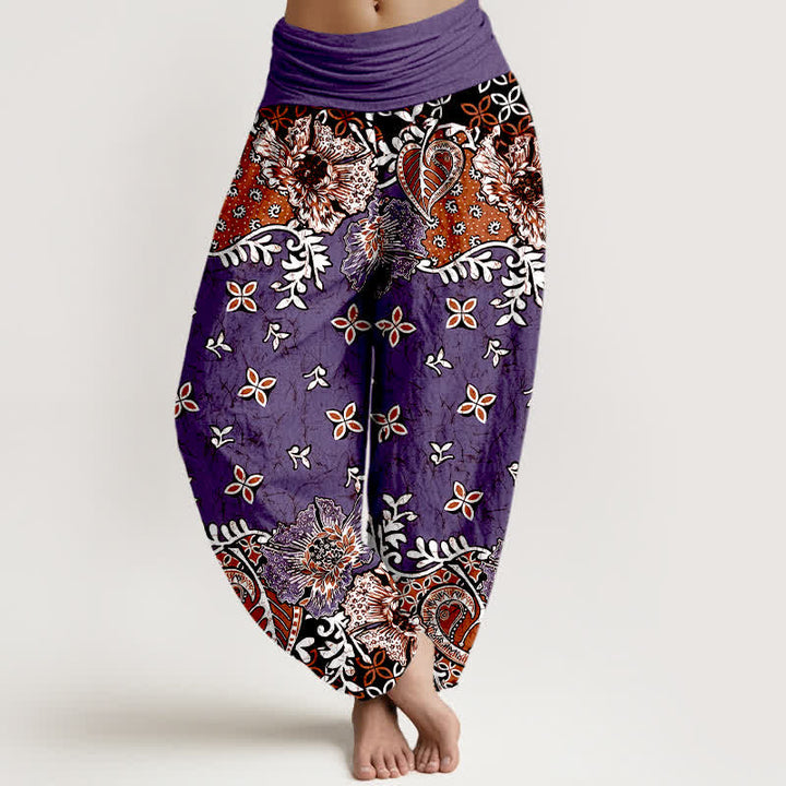 Buddha Stones Pantalon harem pour femme en pur coton, motif cachemire floral bohème, taille élastique - Violet - US16，UK/AU20，EU48 (3XL) - image 5