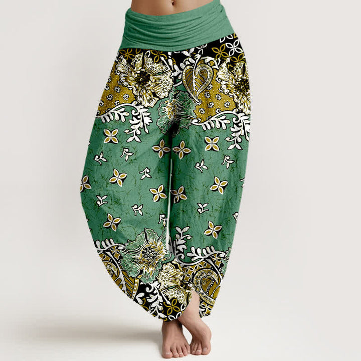 Buddha Stones Pantalon harem pour femme en pur coton, motif cachemire floral bohème, taille élastique - Vert mer moyen - US16，UK/AU20，EU48 (3XL) - image 8