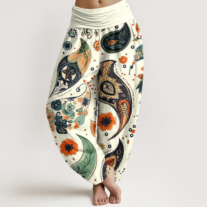 Buddha Stones Pantalon harem pour femme en pur coton, motif cachemire bohème et tournesol, taille élastique - Ivoire - US16，UK/AU20，EU48 (3XL) - image 0