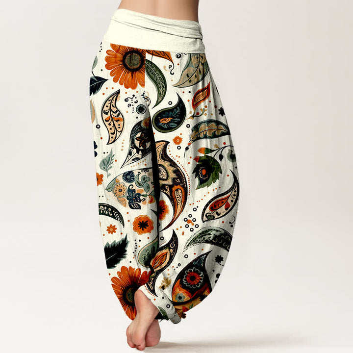 Buddha Stones Pantalon harem pour femme en pur coton, motif cachemire bohème et tournesol, taille élastique - image 1