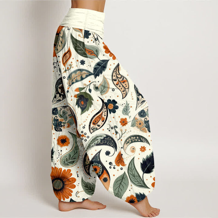 Buddha Stones Pantalon harem pour femme en pur coton, motif cachemire bohème et tournesol, taille élastique - image 2