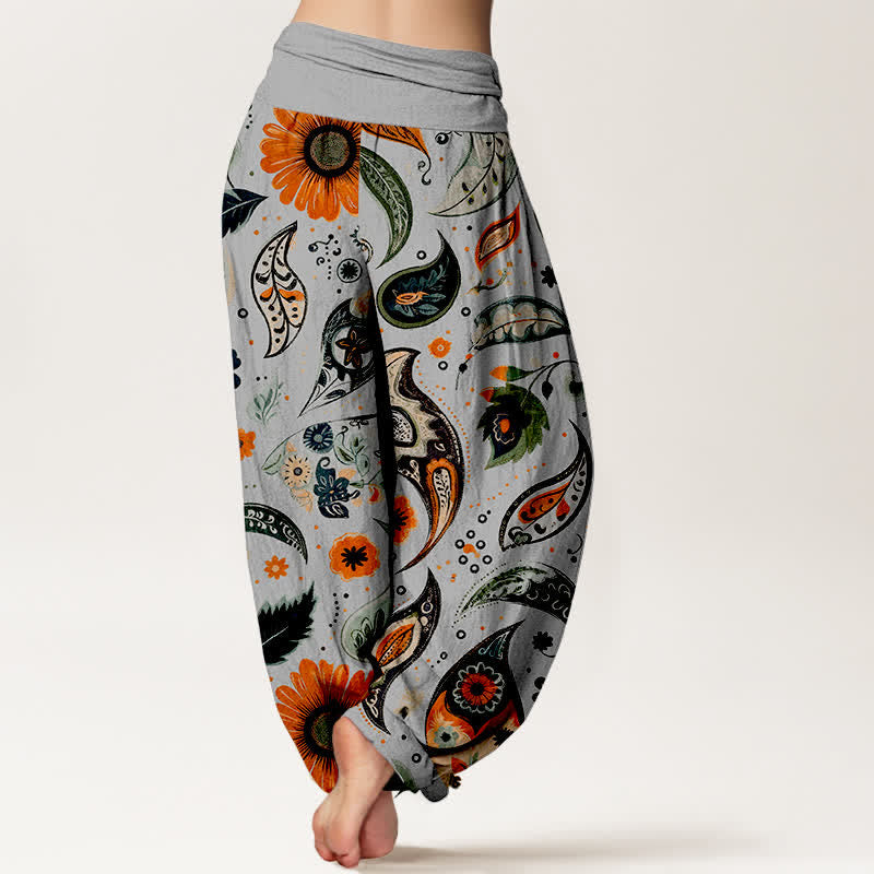 Buddha Stones Pantalon harem pour femme en pur coton, motif cachemire bohème et tournesol, taille élastique - image 6