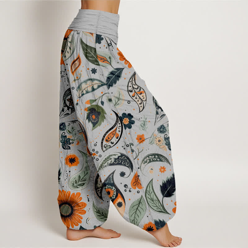 Buddha Stones Pantalon harem pour femme en pur coton, motif cachemire bohème et tournesol, taille élastique - image 7