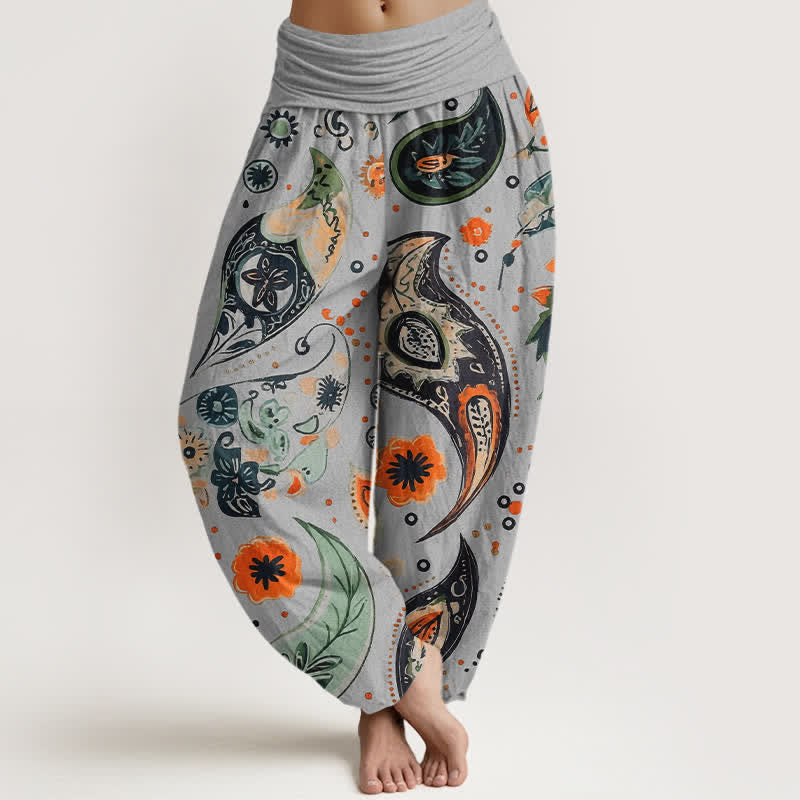 Buddha Stones Pantalon harem pour femme en pur coton, motif cachemire bohème et tournesol, taille élastique - Gris clair - US16，UK/AU20，EU48 (3XL) - image 5
