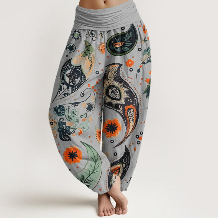 Buddha Stones Pantalon harem pour femme en pur coton, motif cachemire bohème et tournesol, taille élastique - Gris clair - US16，UK/AU20，EU48 (3XL) - image 5