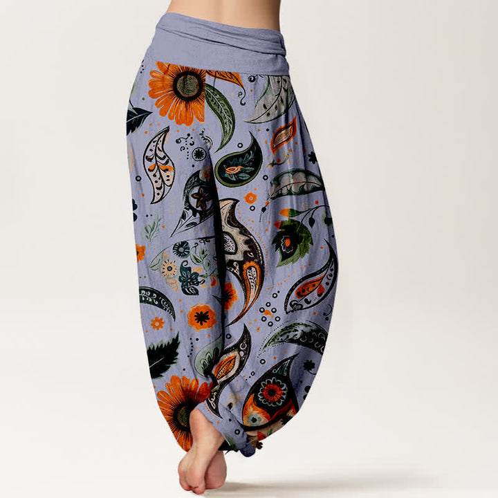 Buddha Stones Pantalon harem pour femme en pur coton, motif cachemire bohème et tournesol, taille élastique - image 9