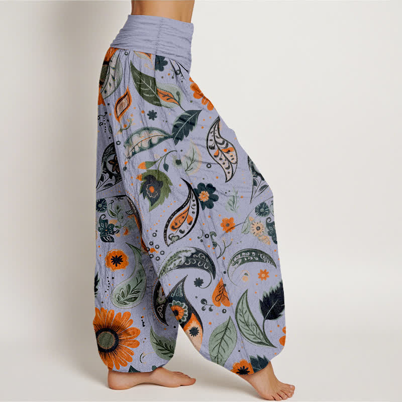 Buddha Stones Pantalon harem pour femme en pur coton, motif cachemire bohème et tournesol, taille élastique - image 10