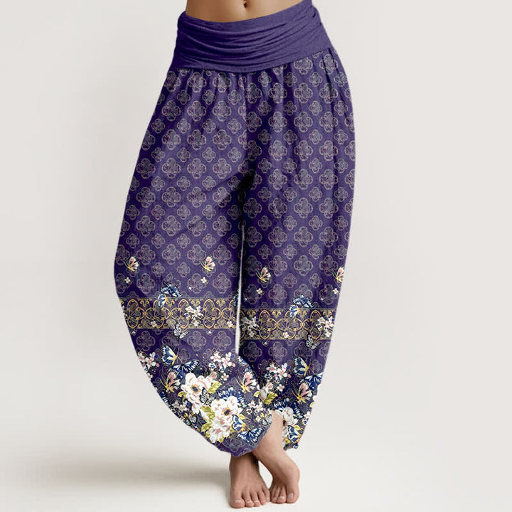 Buddha Stones Pantalon harem pour femme en pur coton, motif floral bohème, taille élastique - Indigo - US16，UK/AU20，EU48 (3XL) - image 0